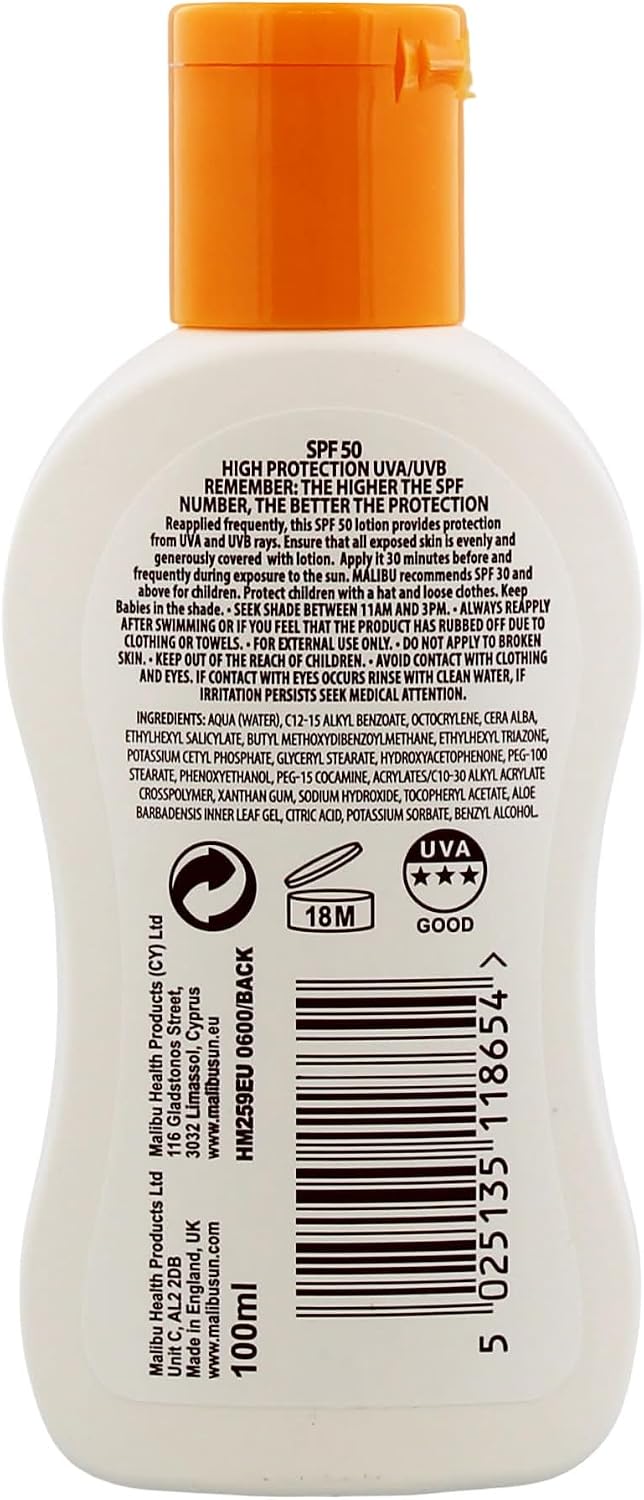 Malibu Kids SPF 50 Sun Lotion, Moisturising Kids Sunscreen for Body, 100ml | High Protection Sun Cream for Children, Water Resistant, Summer Essential