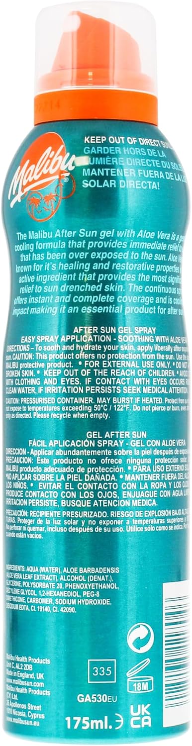 Malibu Sun Aloe Vera Gel Spray, Soothing After Sun Continuous Spray, 175ml Cooling Gel, For Sun-Exposed Skin, Moisturising & Hydrating, Helps to Maintain Tan
