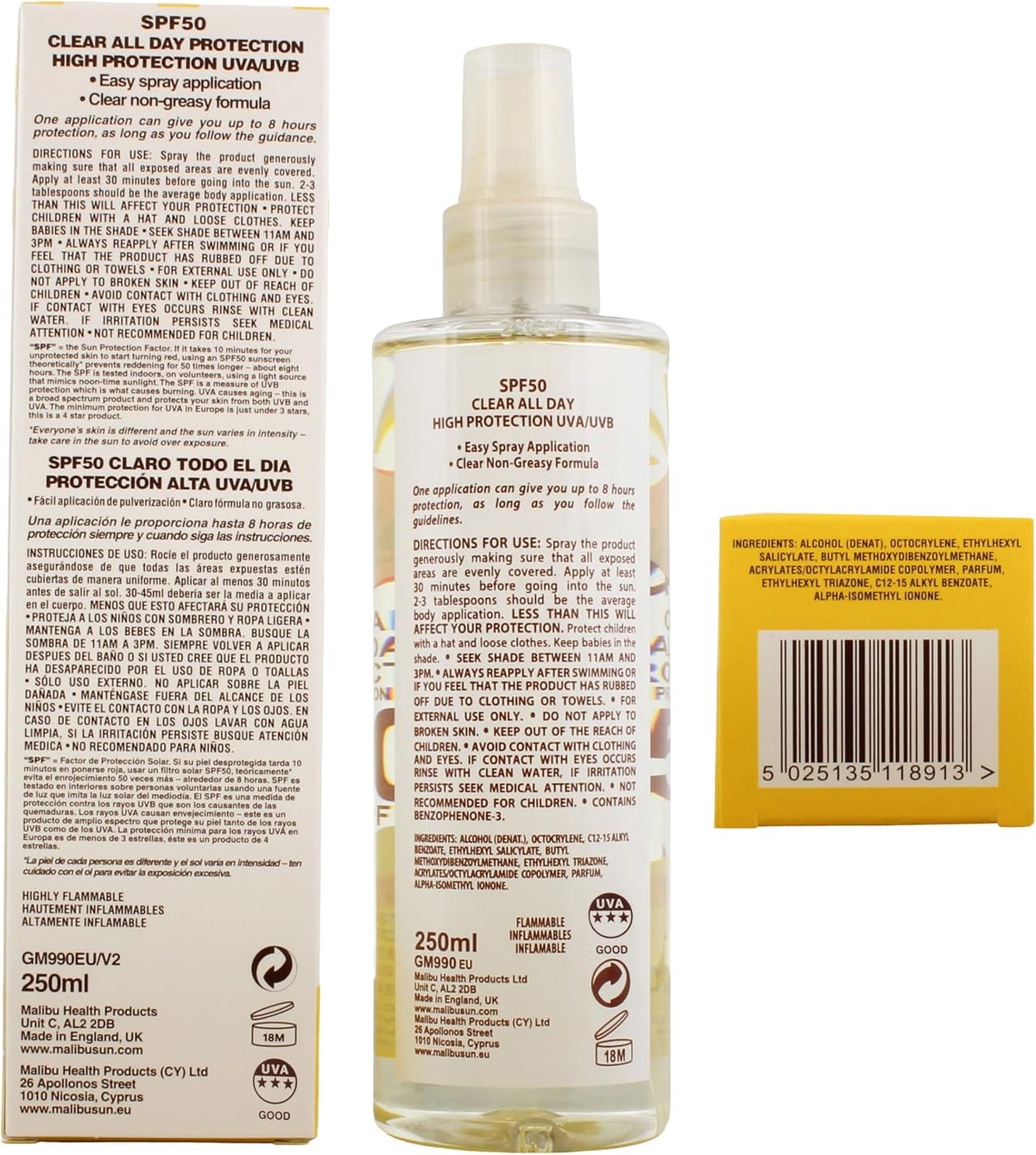 MALIBU SUN SPF 50 Clear Spray Sunscreen, High Protection, Dry Feel, Water Resistant, 250ml