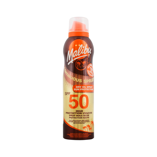 Malibu Sun SPF 50 Continuous Dry Oil Spray, 175ml Tanning with Shea Butter Extract, Moisturising Tanning Oil Mist, Water Resistant