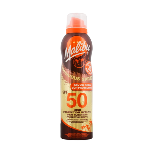 Malibu Sun SPF 50 Continuous Dry Oil Spray, 175ml | Tanning with Shea Butter Extract, Moisturising Tanning Oil Mist, Water Resistant