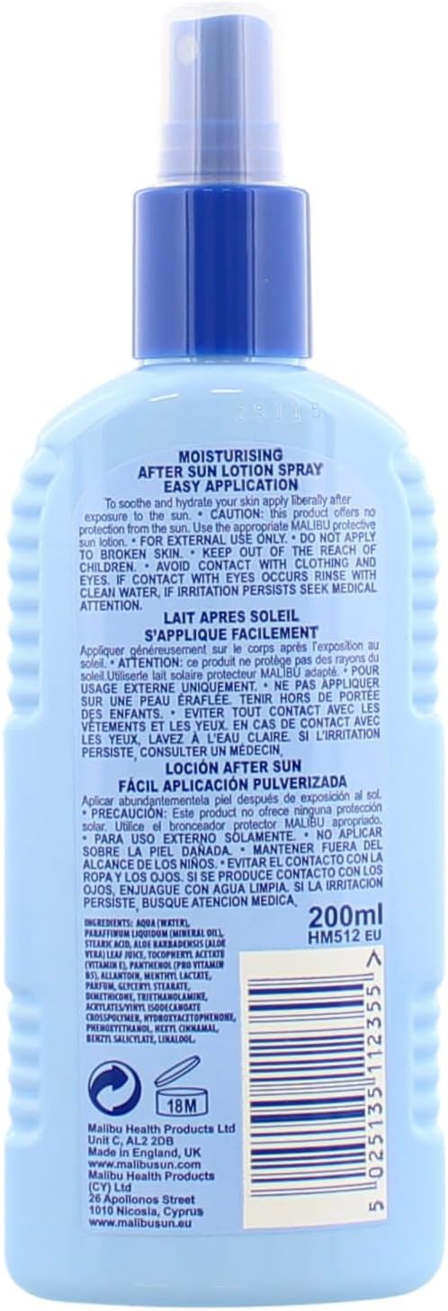 MALIBU SUN After Sun Care Moisturising & Vitamin Enriched Spray, 200ml Cooling & Soothing, Aloe Vera, Vitamin E & Allantoin, Hydrating for Sun-Exposed Skin