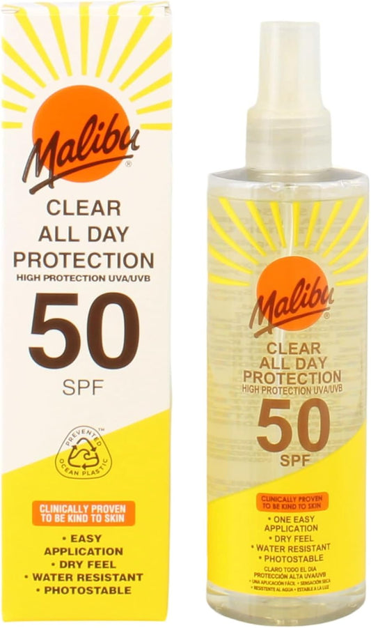 Malibu Sun SPF 50 Clear Spray Sunscreen, High Protection, Dry Feel, Water Resistant, 250ml