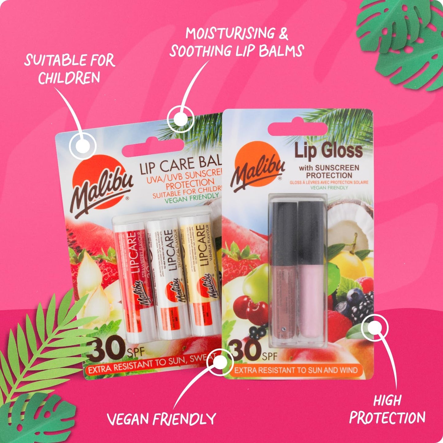 Malibu Sun SPF 30 Lip Balm Sunscreen, Watermelon, Mint and Vanilla, 3 x 5g, | High Protection SPF, For Dry Lips, Summer Essentials, Multipack