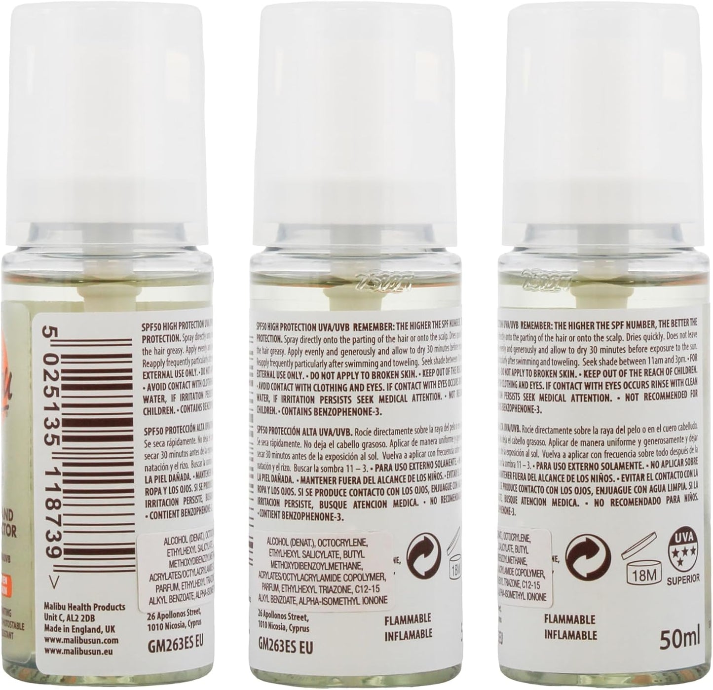 Malibu Sun Clear Hair and Scalp Protector Spray, SPF 50, Non-Greasy, Quick Drying, 50ml | Non-Greasy Quick Drying Scalp Sunscreen, Clear Hair Sun Protection