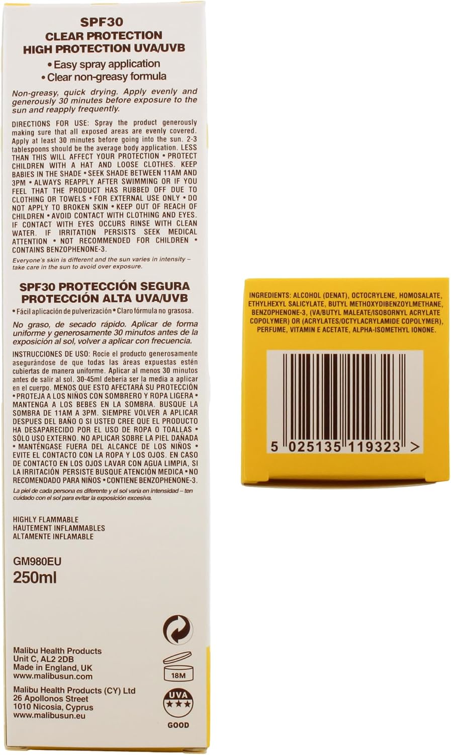 Malibu Sun SPF 30 Clear Spray Sunscreen, High Protection, Dry Feel, Water Resistant, 250ml