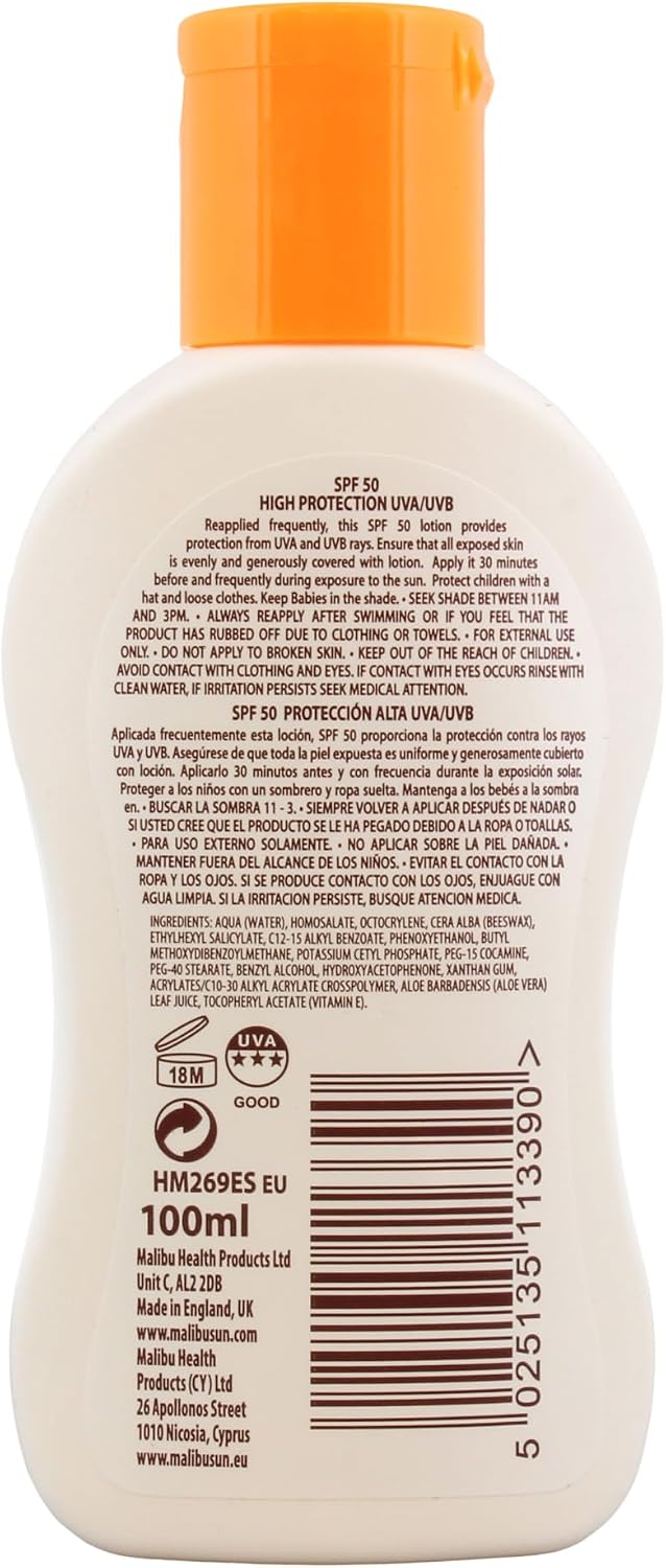 Malibu Sun SPF 50 Lotion, Very High Protection Sun Cream, Water Resistant, Vitamin E and Aloe Vera Extract, 100ml