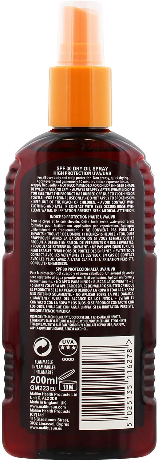 Malibu Sun SPF 30 Non-Greasy Dry Oil Spray for Tanning, 200ml