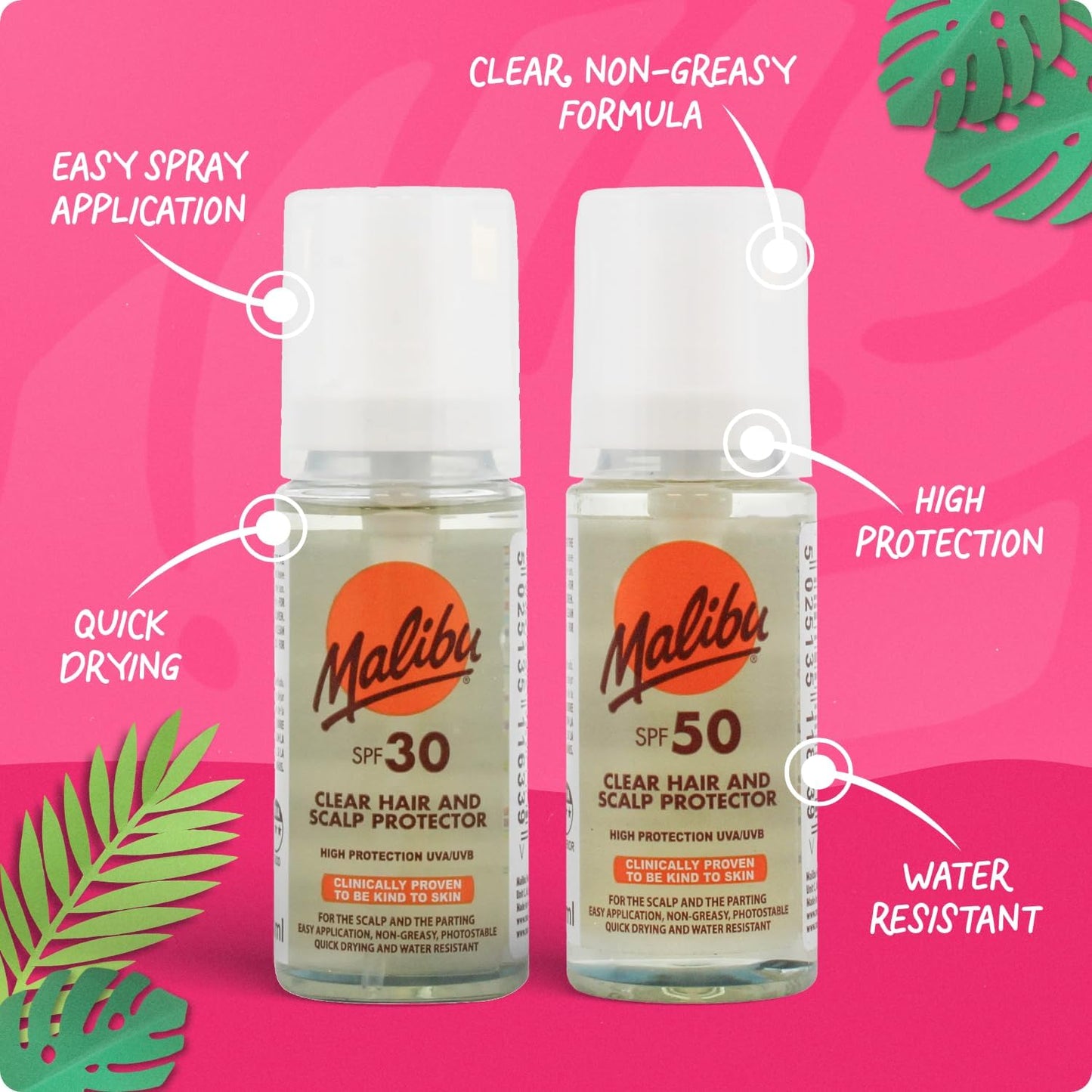 Malibu Sun Clear Hair and Scalp Protector Spray, SPF 50, Non-Greasy, Quick Drying, 50ml | Non-Greasy Quick Drying Scalp Sunscreen, Clear Hair Sun Protection