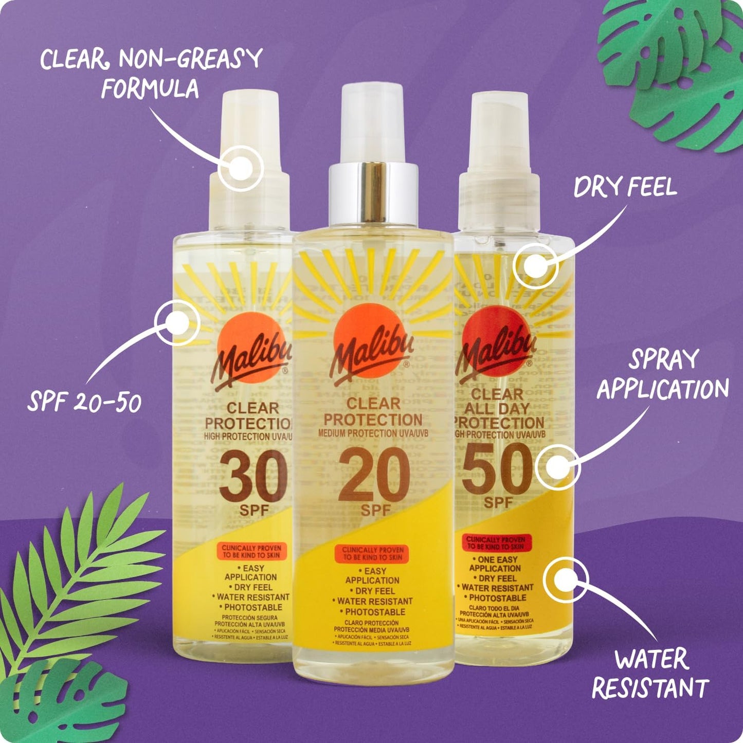Malibu Sun SPF 30 Clear Spray Sunscreen, High Protection, Dry Feel, Water Resistant, 250ml