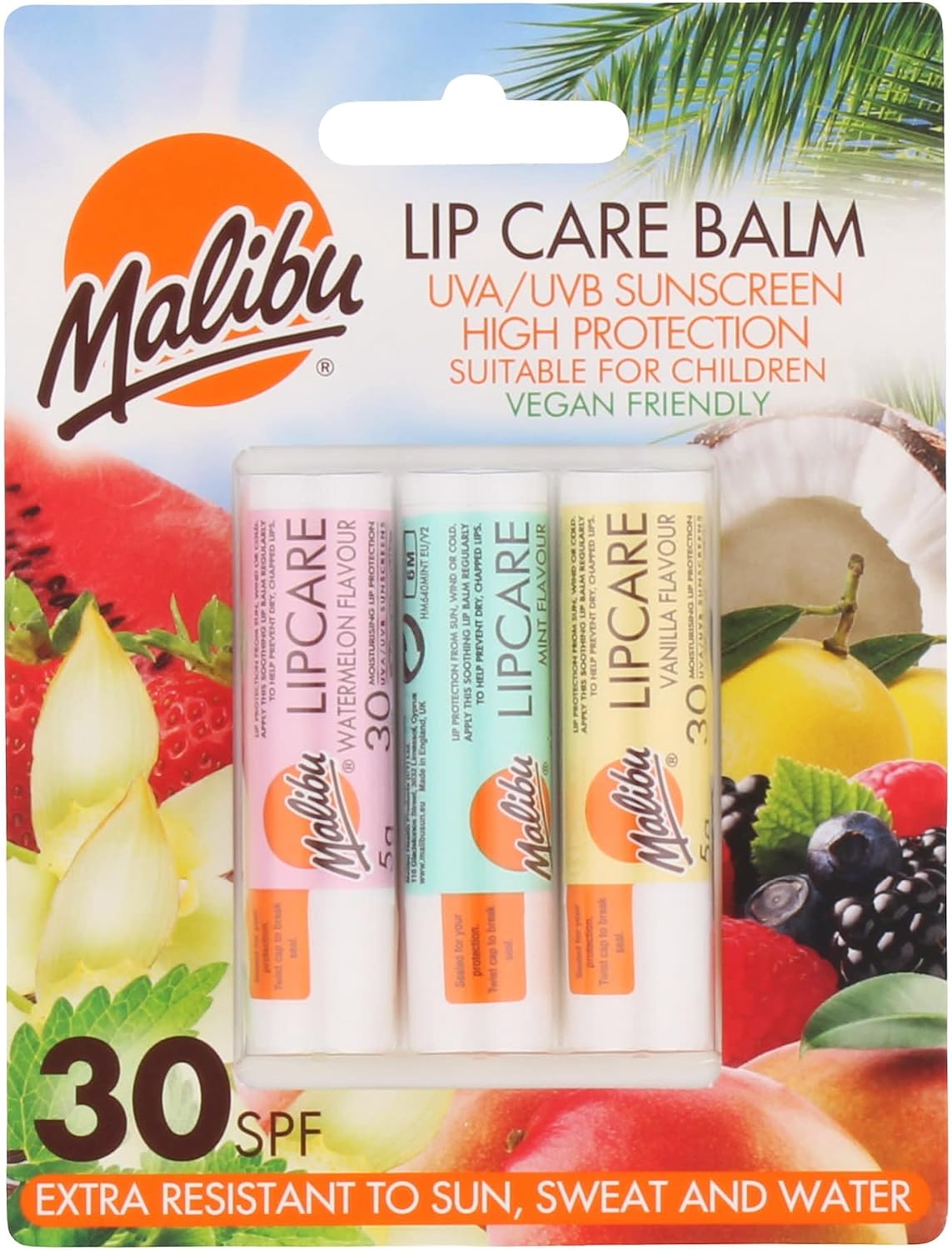 Malibu Sun SPF 30 Lip Balm Sunscreen, Watermelon, Mint and Vanilla, 3 x 5g, | High Protection SPF, For Dry Lips, Summer Essentials, Multipack