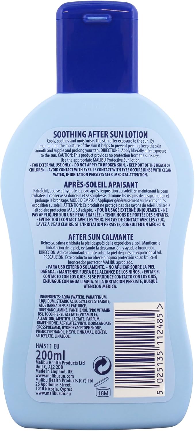 Malibu Sun After Sun Soothing Moisturising Lotion, Vitamin Enriched 200ml Cooling & Hydrating, Aloe Vera, Vitamin E & Allantoin, For Sun-Exposed Skin, Travel Friendly