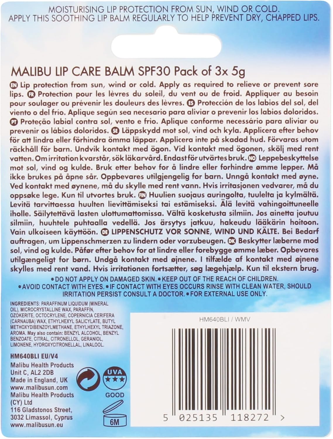 Malibu Sun SPF 30 Lip Balm Sunscreen, Watermelon, Mint and Vanilla, 3 x 5g, | High Protection SPF, For Dry Lips, Summer Essentials, Multipack