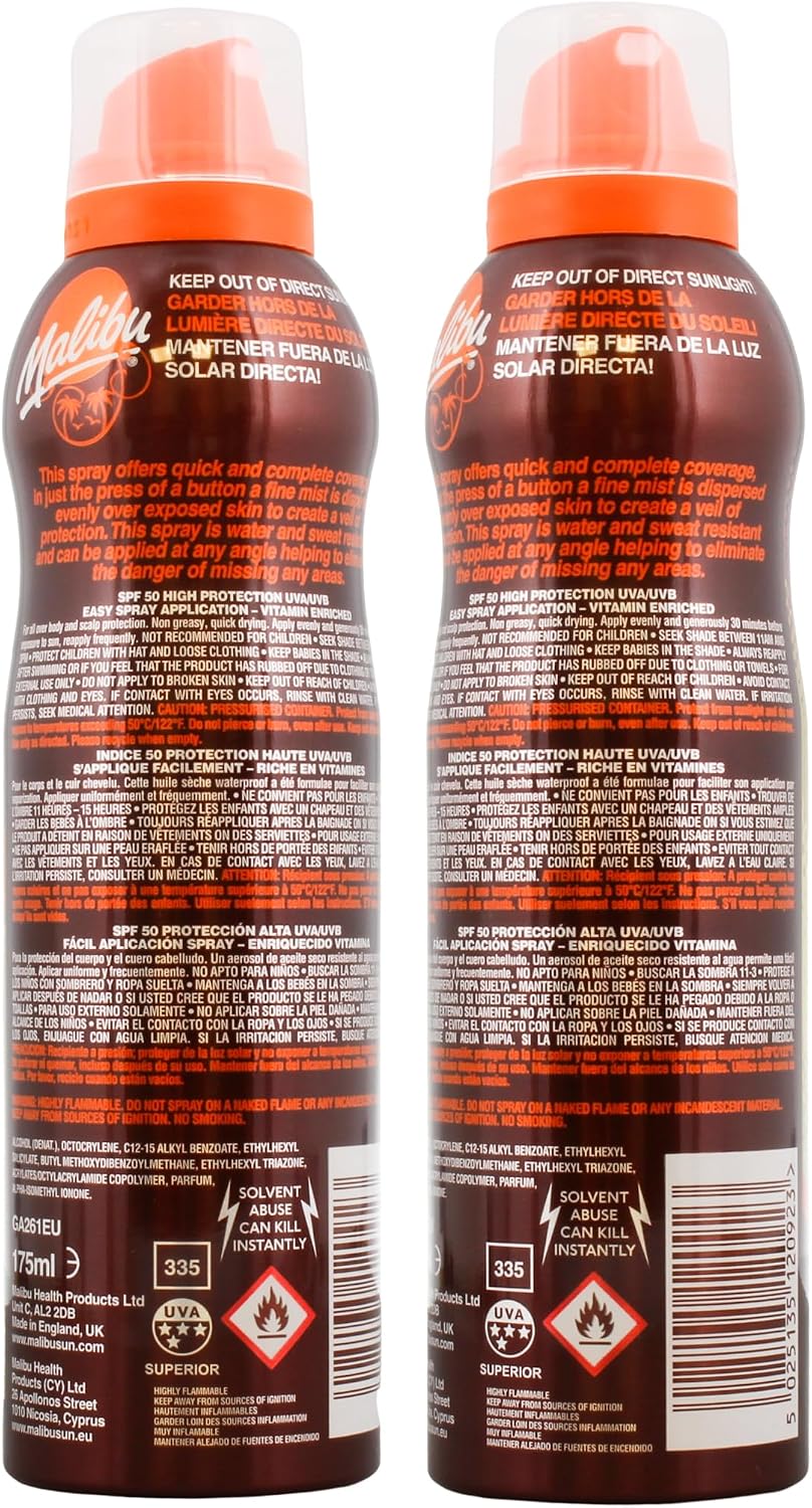 Malibu Sun SPF 50 Continuous Dry Oil Spray, 175ml Tanning with Shea Butter Extract, Moisturising Tanning Oil Mist, Water Resistant