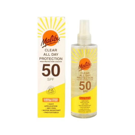 Malibu Sun SPF 50 Clear Spray Sunscreen, High Protection, Dry Feel, Water Resistant, 250ml