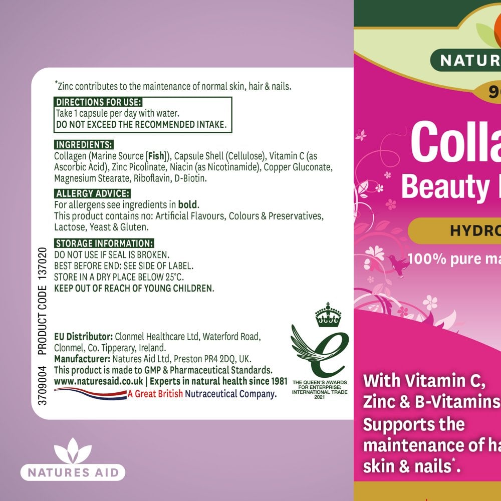 NATURES AID 100% Pure Marine Collagen Beauty Formula 500mg (90 Capsules)