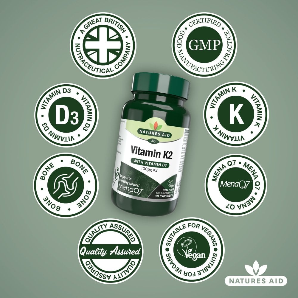 Natures Aid Vitamin K2 MenaQ7 (with Vitamin D3) 30 Capsules