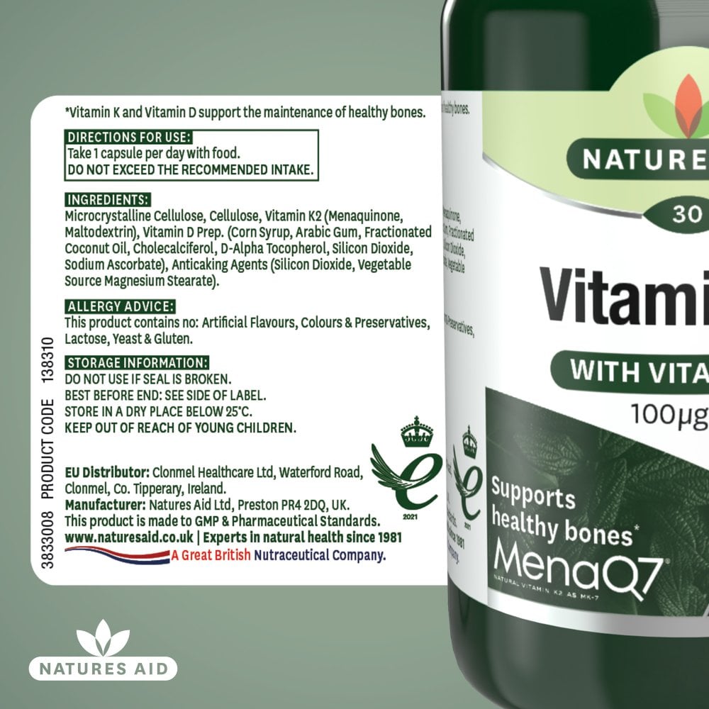 Natures Aid Vitamin K2 MenaQ7 (with Vitamin D3) 30 Capsules
