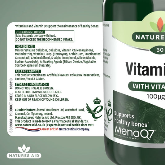 Natures Aid Vitamin K2 MenaQ7 (with Vitamin D3) 30 Capsules
