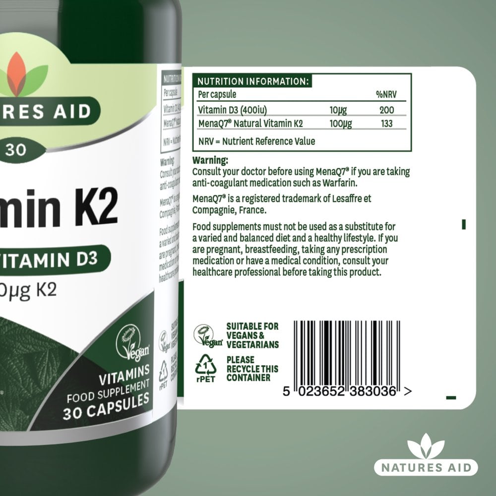 Natures Aid Vitamin K2 MenaQ7 (with Vitamin D3) 30 Capsules